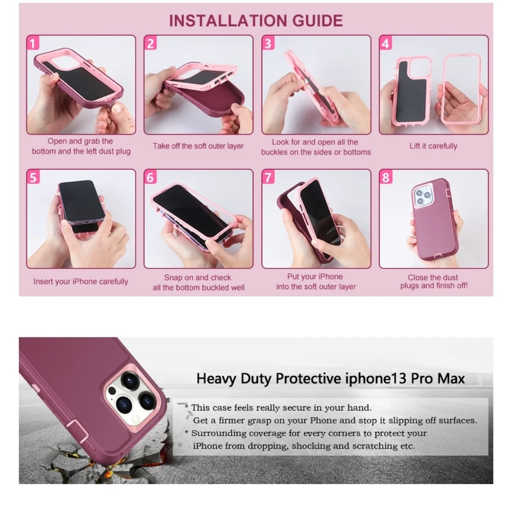 NWT! Iphone 13 Pro Max Wine Red Pink Anti-Scratch 360 Full Body Protective Case